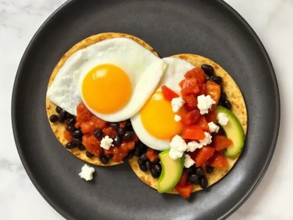 Huevos Rancheros: fried eggs, black beans and salsa on corn tortillas
