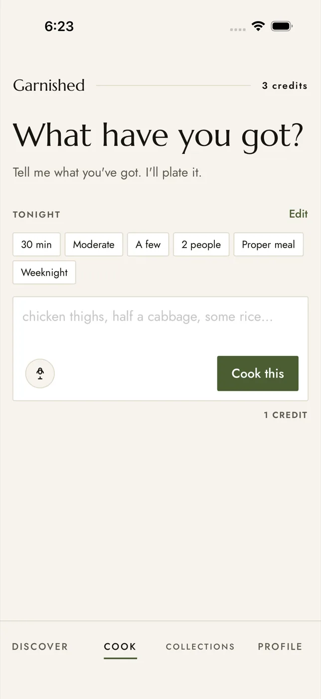 The Garnished composer asking “What have you got?” with tonight's settings: 30 minutes, 2 people, weeknight